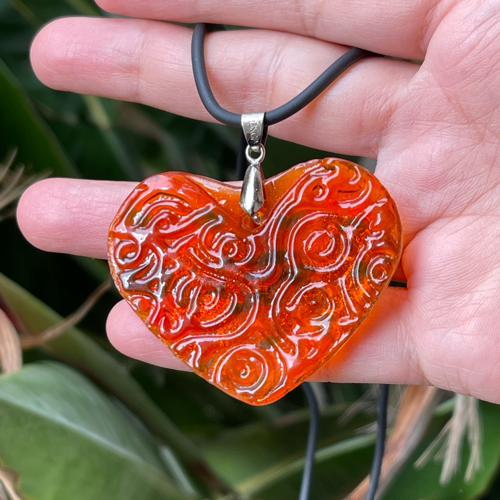 Double Sided Murano Glass Style Heart Pendant And Vegan Leather Chain